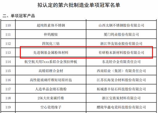 南宫NG28 粉材“先进铜基金属粉体材料”入选工信部第六批制造业单项冠军产品